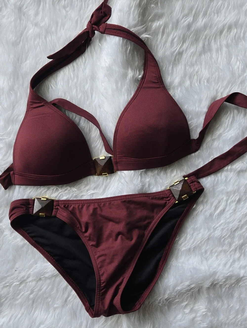 Victoria's Secret Maroon Brownish Halter Bikini Set with Gold Hardware Rare Find